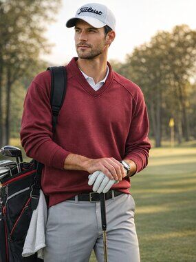 Men's Bolle Golf Maroon V-Neck Long Sleeve Warm Pullover Shirt, Medium